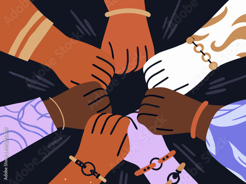 Diverse hands joining together in a circle symbolizing unity and collaboration