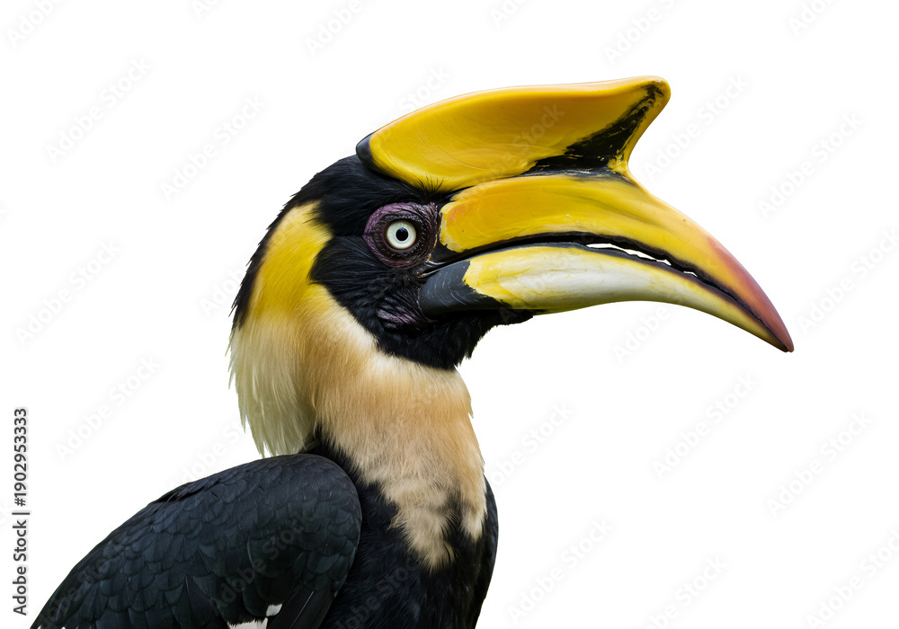 Fototapeta premium Vibrant hornbill portrait, tropical bird with distinctive yellow casque and beak