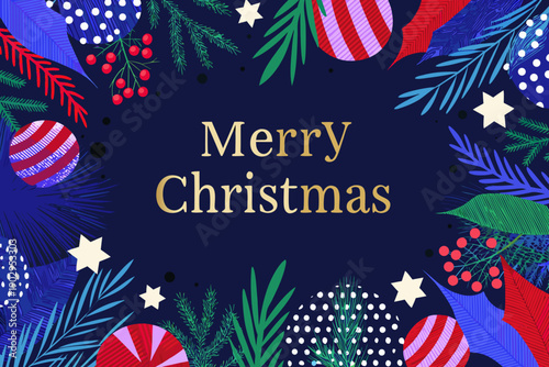 Festive christmas card with ornaments branches and a navy background
