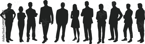 Silhouettes of men and women in business attire standing in a row on white background Keywords: silhouette, business, people