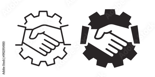Handshake inside gear icon set. Business partnership, teamwork and collaboration symbol. Outline and solid style. Vector illustration.