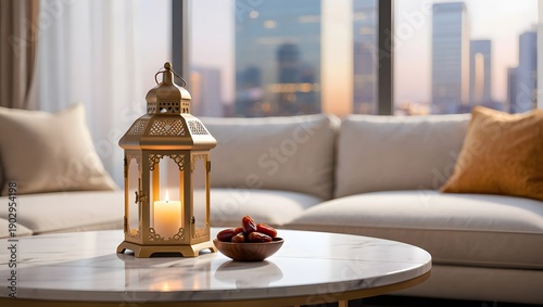Minimalist Luxury Eid Home Decor with Golden Lantern and Premium Dates.
