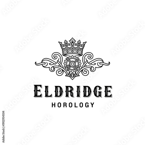 Detailed Ornate Emblem Featuring a Royal Crown, Clockwork Gear, and Elegant Scrollwork