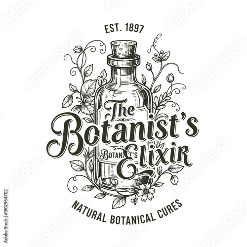 Vintage Hand drawn Label for the Botanists Elixir with Herbal Elements