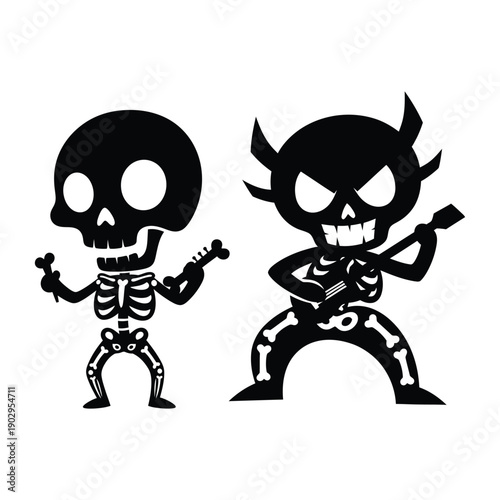 Playful Cartoon Skeletons Rock Out: Guitarist Skeleton with Bone Mic & Devil Horns, Black & White Vector Illustration for Halloween & Music Themes