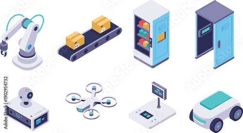Isometric robotics and automation icon set showing industrial robot arm, conveyor system, smart machines and autonomous vehicles, modern factory technology elements, flat vector illustration