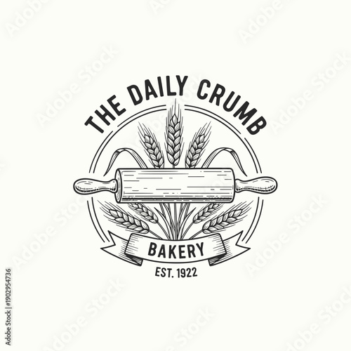 Hand drawn Vintage Bakery Logo with Wheat, Rolling Pin, and Elegant Ribbon Banner