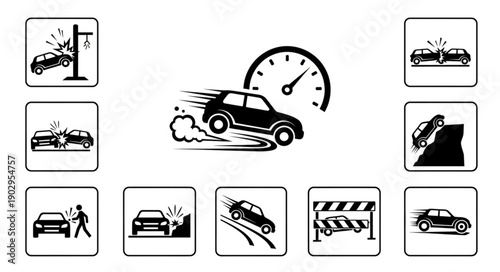 Collection of car accident and traffic safety icons.