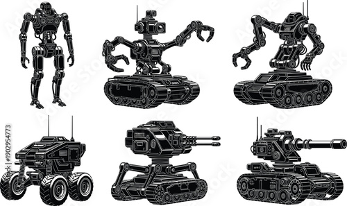 Military robot and unmanned combat vehicle silhouette set, futuristic armed machines and drones, black detailed vector illustration for defense, technology and sci fi design