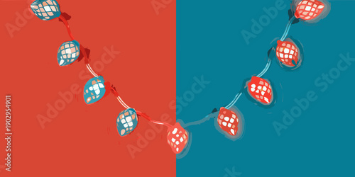 Stylized string lights with blurred bulbs against a split red and teal background