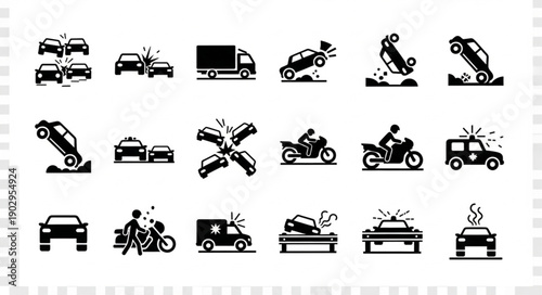 Collection of car accident icons and symbols representing traffic incidents.