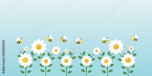 Several cartoon bees fly around a row of white daisies on a blue background