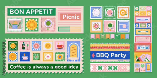 Colorful illustrated postage stamps depict food drinks and celebratory themes