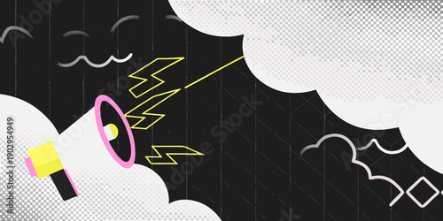 A stylized illustration featuring a megaphone with lightning bolts and abstract shapes