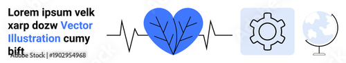 Heart symbol with pulse line and tree silhouette, gear icon, globe with landmasses. Ideal for health, global issues, collaboration, technology, sustainability, innovation simple landing page