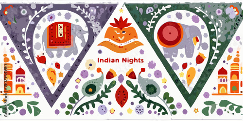 Colorful illustration featuring elephants a carriage and indian architectural motifs