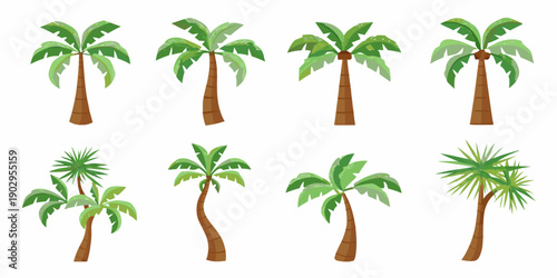 Collection of colorful cartoon palm trees in various shapes and sizes