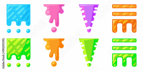 Colorful slime or liquid shapes resembling exclamation points and lines