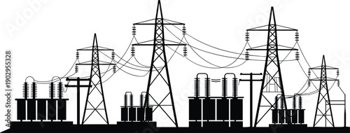 A complex electrical substation with transformers, utility poles, and a dense network of wires Keywords: electrical substation
