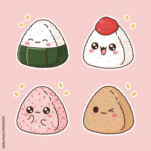 Assorted cute Japanese onigiri rice ball characters with different toppings and expressions, traditional Asian food vector sticker set icons.
