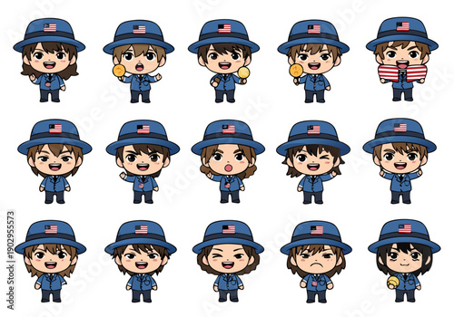 Memorial Day tribute illustration featuring diverse cartoon characters in blue uniforms and hats celebrating together