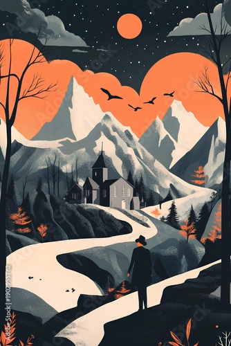 Landscape with house in the mountains. Hand drawn illustration.