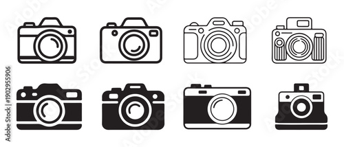 Camera Icons Vector Set. Outline and Solid Designs for Photography Technology and Art Concepts.