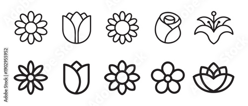 Simple Outline Flower Icons Set. for Various Design Projects, Featuring Botanical Vector Symbols.