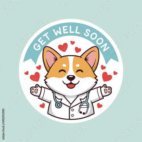 Get well soon cute corgi dog doctor wearing lab coat and stethoscope with red hearts, kawaii medical mascot character vector illustration art