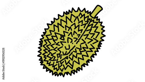 A vibrant hand-drawn illustration of a tropical yellow spiky durian fruit on a white background