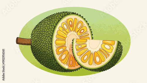 Vibrant tropical jackfruit illustration with a whole fruit and a juicy cut slice displaying the