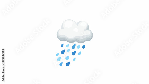 Cartoon-style cloud with falling blue raindrops depicting a rainy weather forecast icon illustration