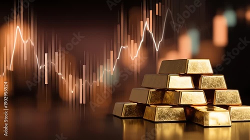 A stack of gleaming gold bars with a dynamic financial stock market chart in the background, symbolizing wealth, investment, and economic trends.