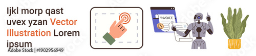 Technology, robotics, online banking, digital interaction, automation, environment. A robotic figure with an invoice, a touch gesture icon and a plant. Technology and robotics in modern design