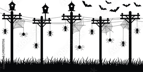 Halloween silhouette of telephone poles with spiders, webs, bats, and grass spooky scary
