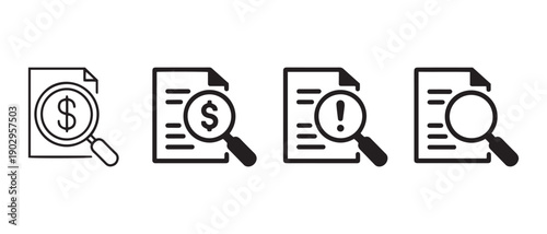 Document Search and Financial Analysis Icons. with Magnifying Glass for Business Audit and Important Data Review.