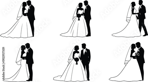 Collection of bride and groom wedding couple silhouettes in romantic poses isolated on gray background, marriage ceremony illustration set