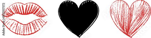 Red lipstick kiss print and hearts set in grunge sketch style. Artistic textured vector illustrations isolated on white.