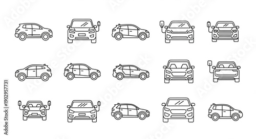 Collection of Car Icons in Different Views and Styles.