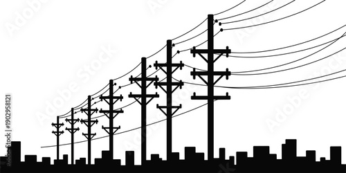 Silhouette of multiple utility poles with wires against a city skyline power line electricity