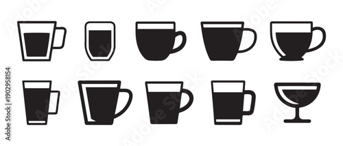 Coffee and Tea Mugs Icons Set. with Various Drinkware Symbols Collection on White.