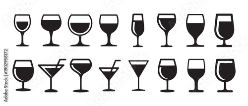 Wine and Cocktail Glass Icons Set. Vector Illustration on White for Bar Menu and Beverage Design.
