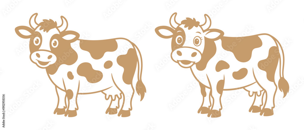 Fototapeta premium Cute Cartoon Cows with Brown Spots Illustration, Friendly Farm Animals Standing Together, Simple Vector Art for Children's Content.