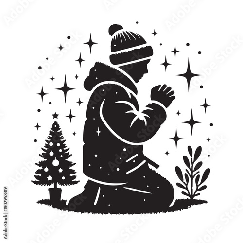 Black Christmas prayer Silhouette Vector, High Quality Illustration on White Background