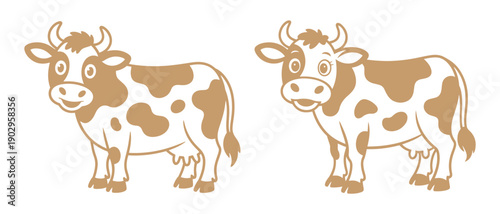 Cute Cartoon Cows with Brown Spots Illustration, Friendly Farm Animals Standing Together, Simple Vector Art for Children's Content.