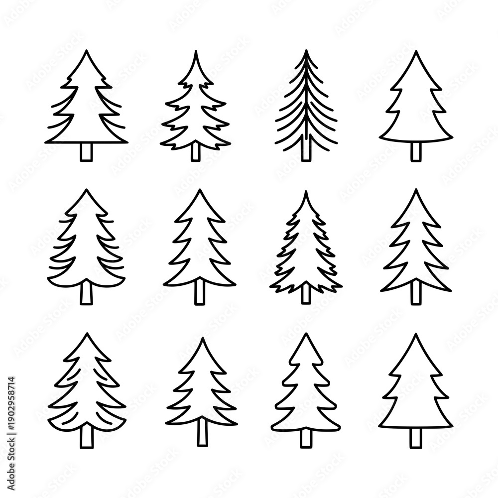 Fototapeta premium Outline pine and Christmas tree line art black vector icon set