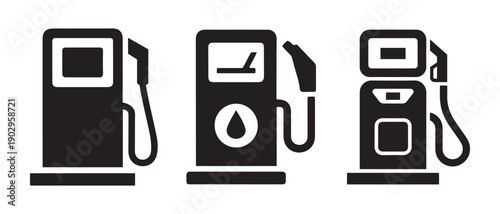 Set of gas pump icons, fuel dispenser silhouettes on white background, petroleum industry symbols, transportation energy concept.
