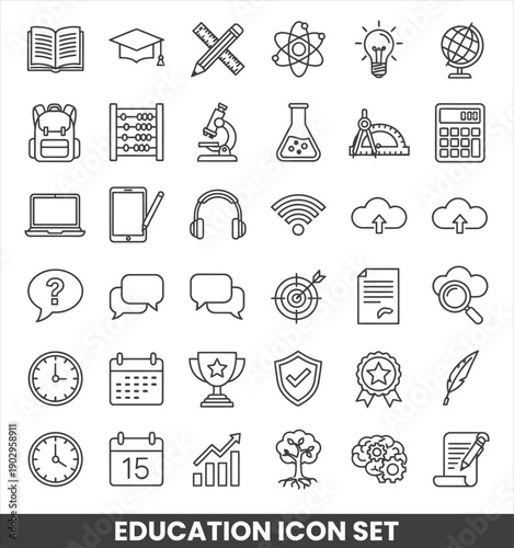 Set of 30 education-themed linear icons with minimalist thick black lines, including school, science, and technology symbols for web design, e-learning applications, and learning materials.