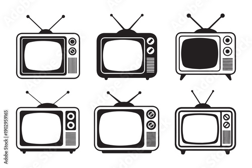 Collection of Retro TV Vector Icons with Antennas and Dials, Representing Vintage Broadcasting and Nostalgia.