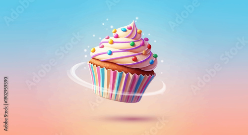 Delicious whimsical cupcake with colorful sprinkles floating on a vibrant gradient background
